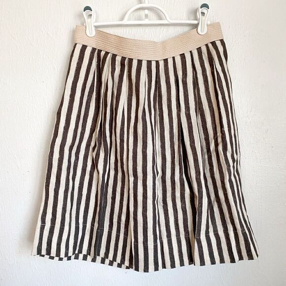 LOFT 100% Linen Knee Length Stripe A-line Skirt Women’s 2 Cream Black Pockets - Picture 1 of 8